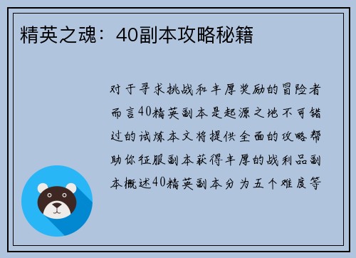 精英之魂：40副本攻略秘籍